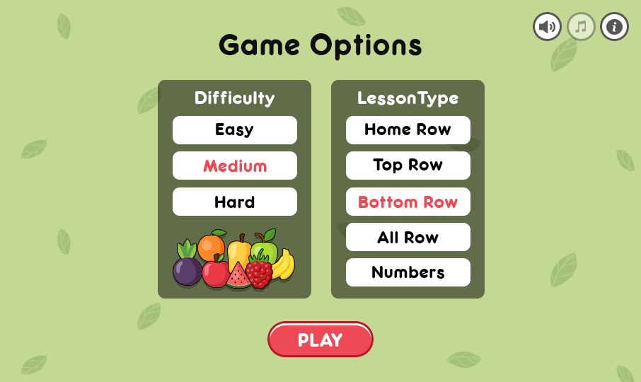 Typing game row selection for kids